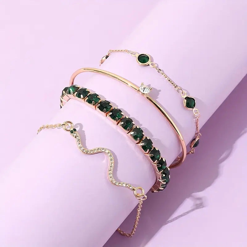 4pcs/Set Elegant Green Bracelet Open Bangle For Women