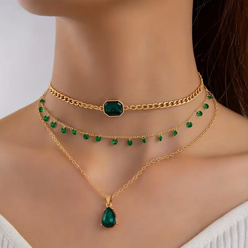 Bohemian Vintage  Multilayer Style  Green Faux Gemstone Pendant Necklace