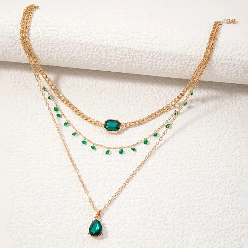 Bohemian Vintage  Multilayer Style  Green Faux Gemstone Pendant Necklace