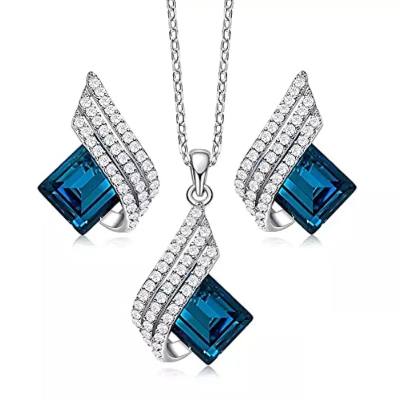 Angel Wings Blue Pendant Necklace Earrings Set