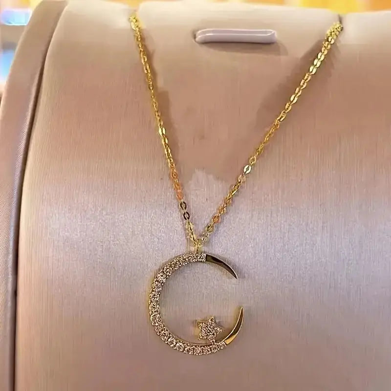 Elegant Golden-Tone Crescent Moon & Star Pendant Necklace -