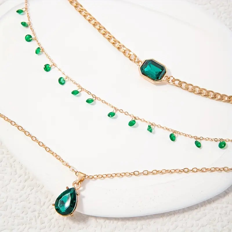 Bohemian Vintage  Multilayer Style  Green Faux Gemstone Pendant Necklace