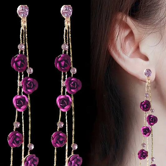 Exquisite Purple Rose ,Shiny Rhinestone Tassel Dangle Earrings