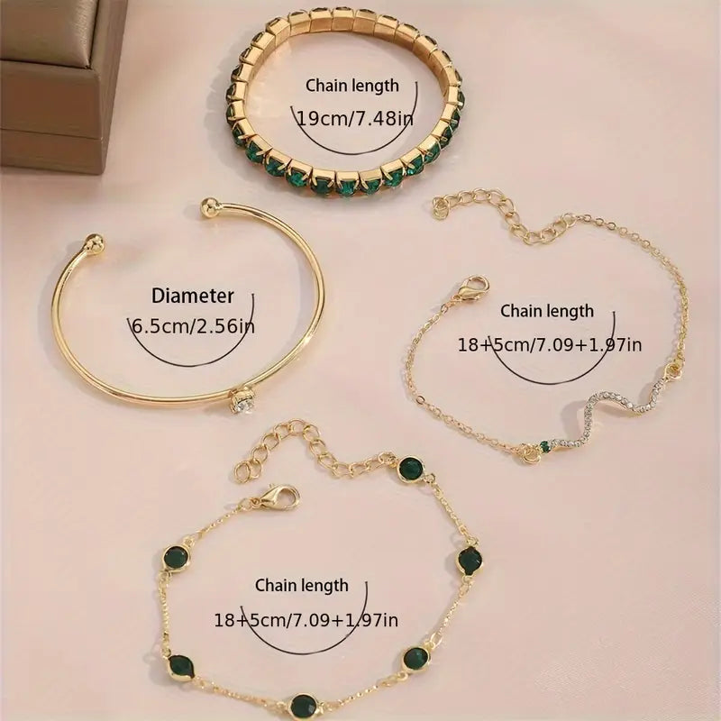 4pcs/Set Elegant Green Bracelet Open Bangle For Women