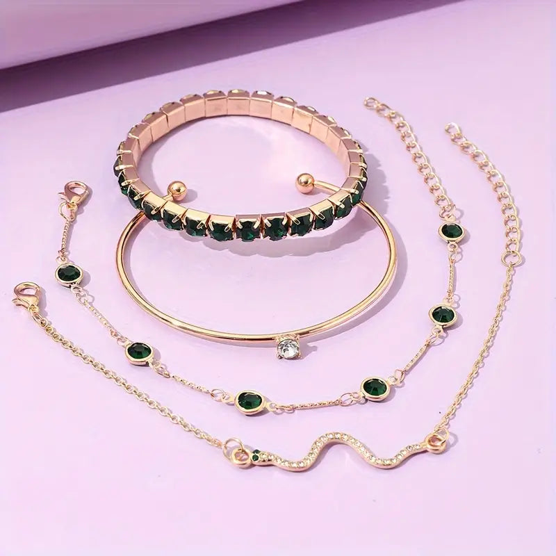 4pcs/Set Elegant Green Bracelet Open Bangle For Women