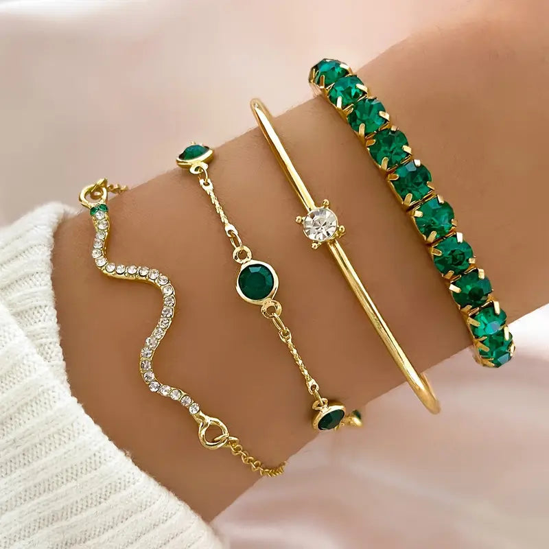 4pcs/Set Elegant Green Bracelet Open Bangle For Women